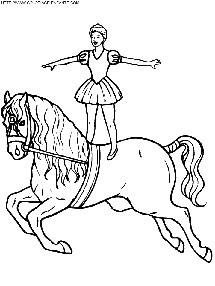 Coloriage cirque jeune fille sur cheval à imprimer et à colorier