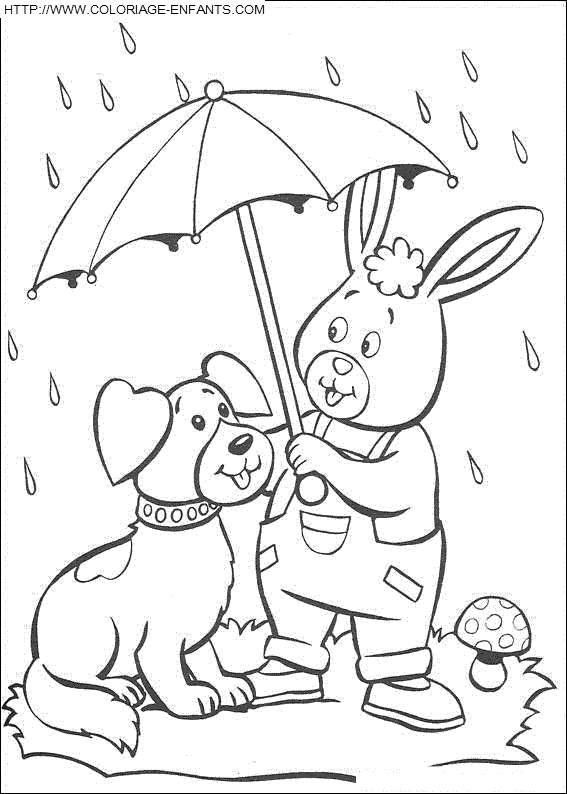 coloriage oui oui le lapin et le chien sous la pluie