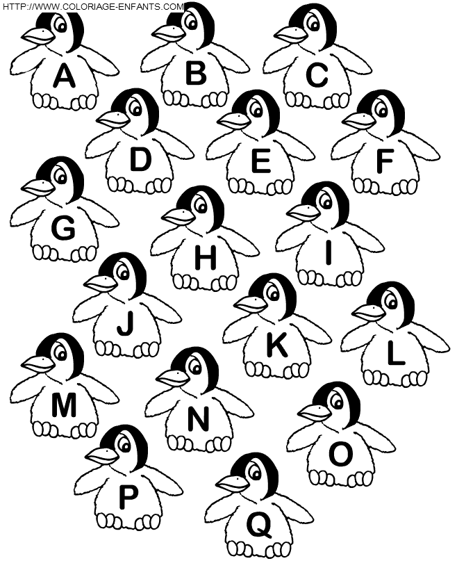 coloriage Alphabet pingouins de A à Q