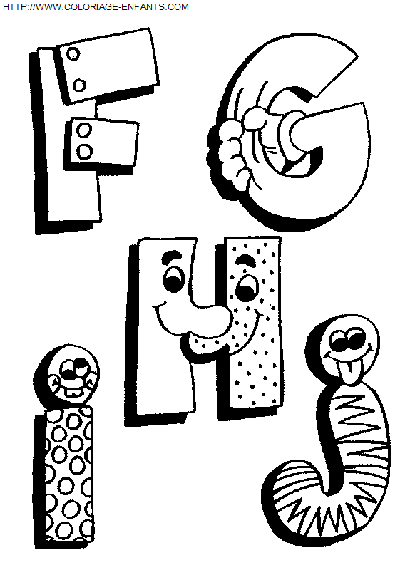 coloriage Alphabet drôle avec les lettres FGHIJ