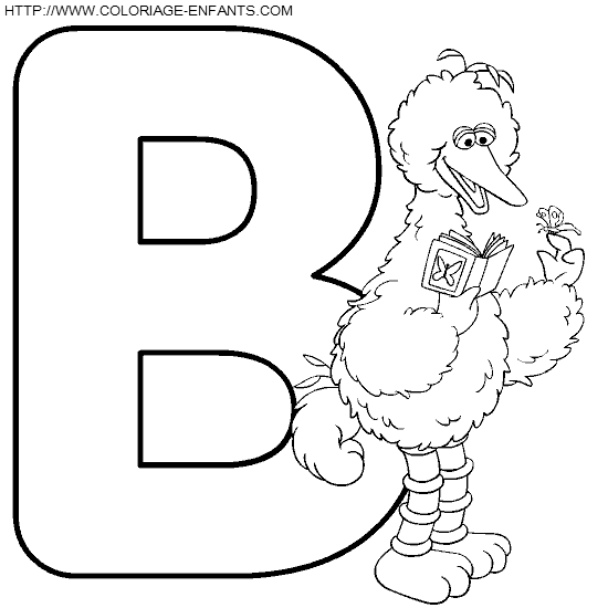 coloriage alphabet rue sesame lettre b avec grand oiseau