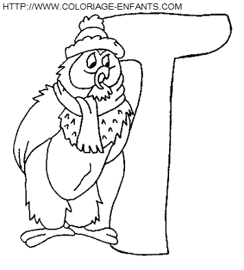 coloriage Alphabet Winnie lettre T avec le hibou