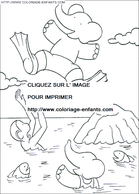 coloriage babar pom plonge dans la mer