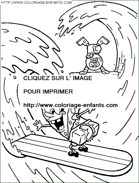 coloriage bob eponge sandy et bob faisant du surf