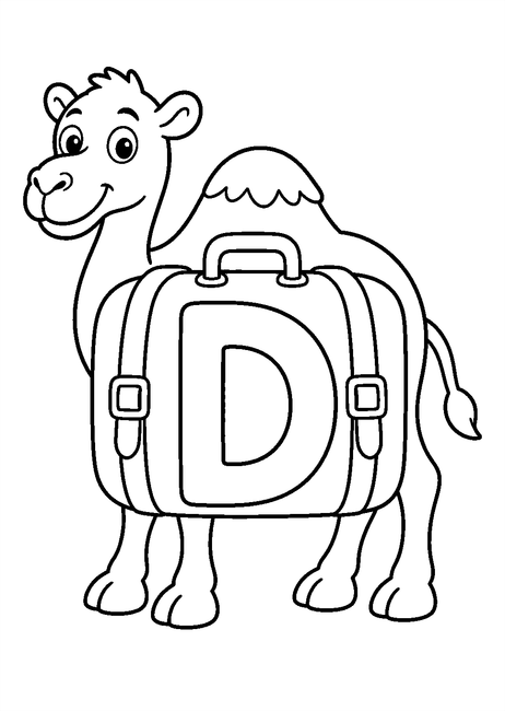 Coloriage Alphabet rigolo : dromadaire portant une grosse valise autour de la lettre D à imprimer et à colorier