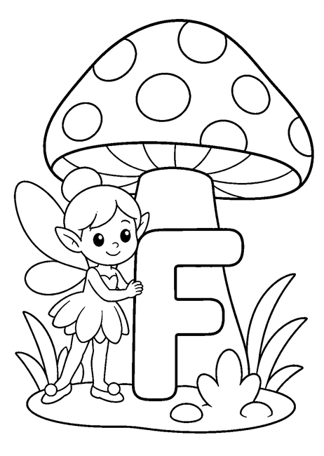 Coloriage Alphabet rigolo : fée minuscule devant un champignon autour de la lettre F à imprimer et à colorier