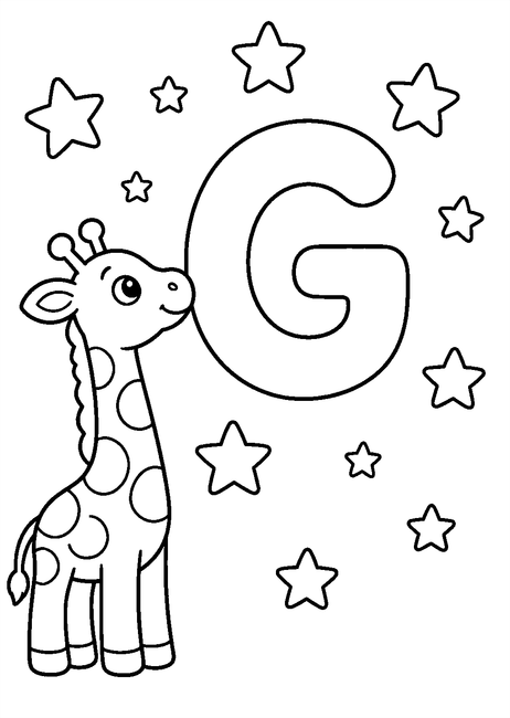 Coloriage Alphabet rigolo : girafe observant les étoiles autour de la lettre G à imprimer et à colorier