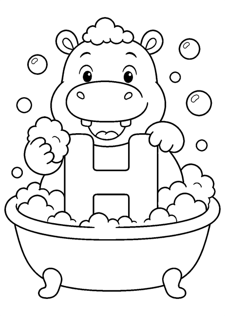 Coloriage Alphabet rigolo : hippopotame prenant un bain moussant autour de la lettre H à imprimer et à colorier