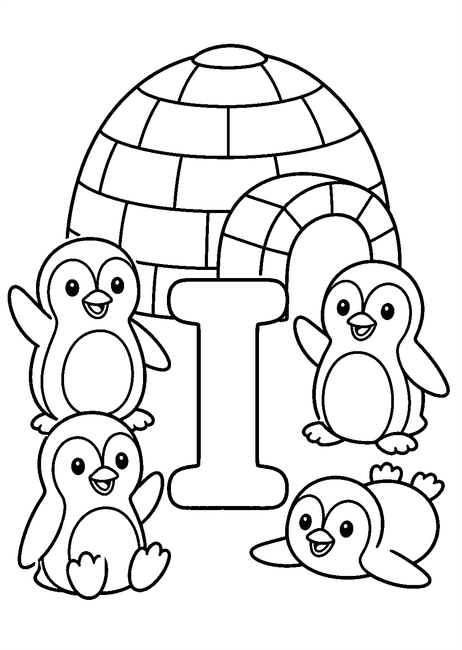 Coloriage Alphabet rigolo : igloo entouré de pingouins souriants autour de la lettre I à imprimer et à colorier