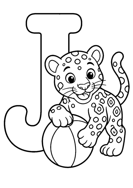 Coloriage Alphabet rigolo : jaguar jouant avec une pelote autour de la lettre J à imprimer et à colorier