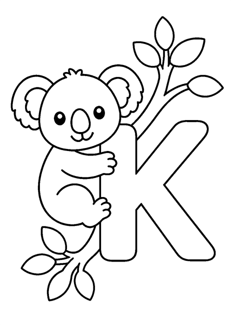 Coloriage Alphabet rigolo : koala accroché à une branche autour de la lettre K à imprimer et à colorier