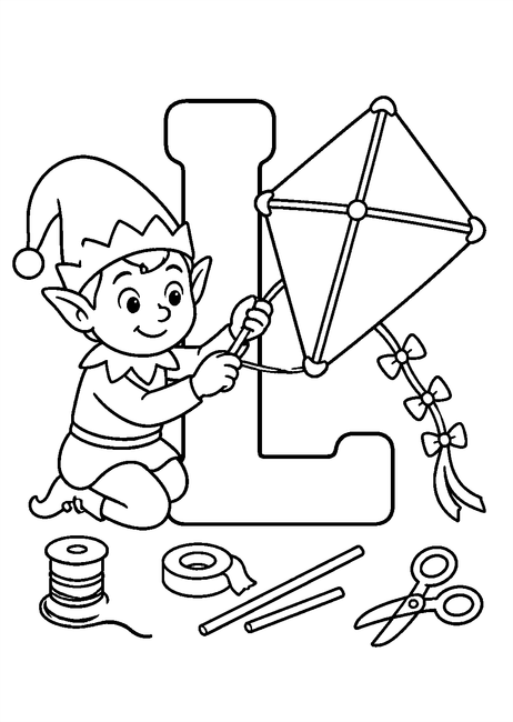 Coloriage Alphabet rigolo : lutin fabriquant un cerf volant autour de la lettre L à imprimer et à colorier