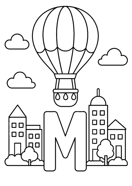 Coloriage Alphabet rigolo : montgolfière survolant une ville autour de la lettre M à imprimer et à colorier