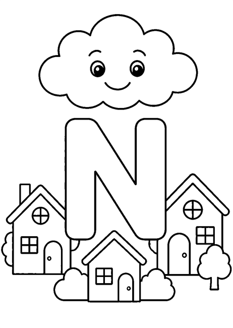 Coloriage Alphabet rigolo : nuage souriant au-dessus des maisons autour de la lettre N à imprimer et à colorier