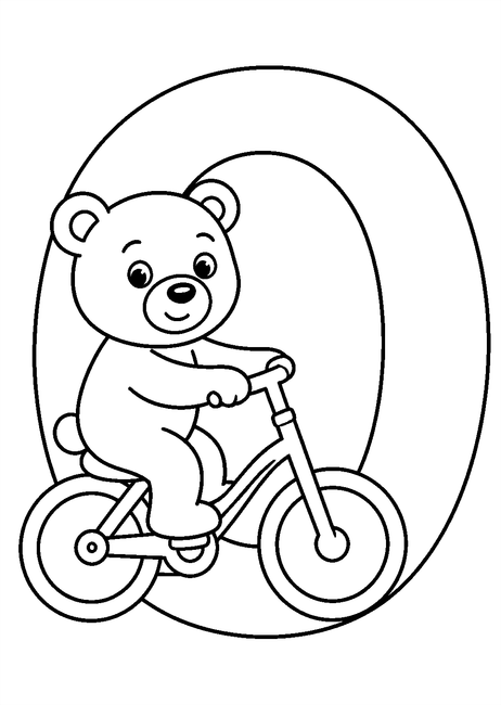 Coloriage Alphabet rigolo : ours faisant du vélo autour de la lettre O à imprimer et à colorier