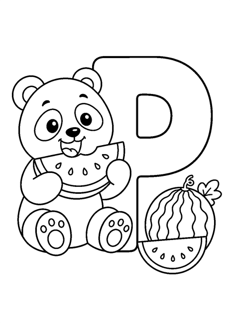 Coloriage Alphabet rigolo : panda dégustant une pastèque autour de la lettre P à imprimer et à colorier