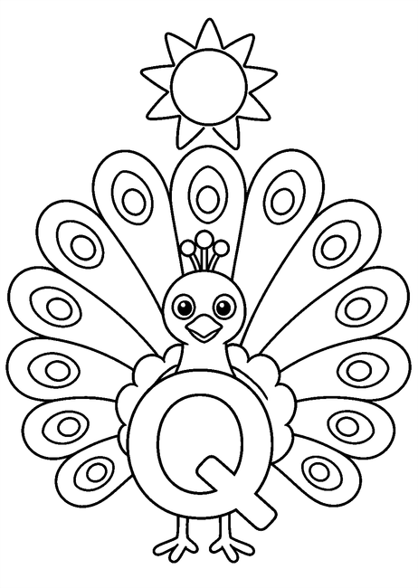 Coloriage Alphabet rigolo : queue de paon déployée au soleil autour de la lettre Q à imprimer et à colorier
