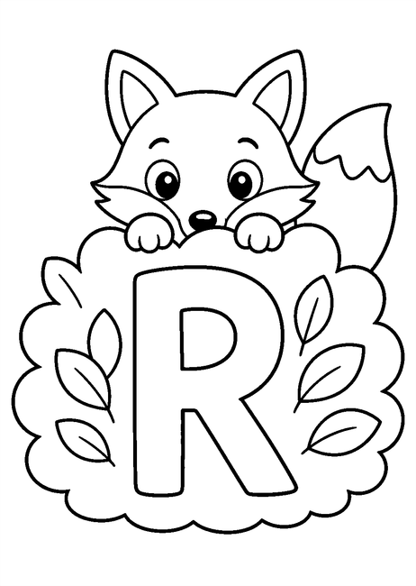Coloriage Alphabet rigolo : renard caché derrière un buisson autour de la lettre R à imprimer et à colorier