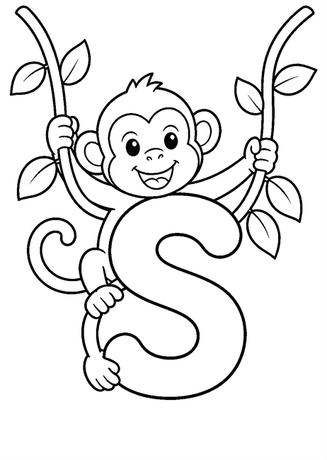 Coloriage Alphabet rigolo : singe se balançant aux lianes autour de la lettre S à imprimer et à colorier