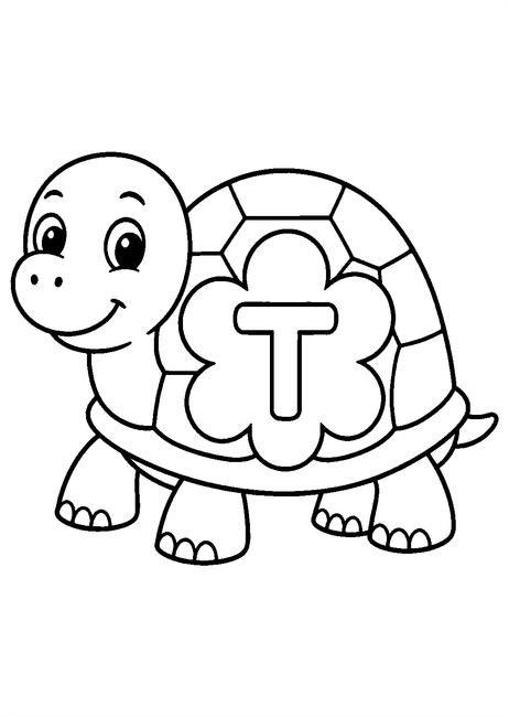 Coloriage Alphabet rigolo : tortue portant une fleur autour de la lettre T à imprimer et à colorier