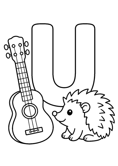 Coloriage Alphabet rigolo : ukulélé posé près d'un hérisson autour de la lettre U à imprimer et à colorier