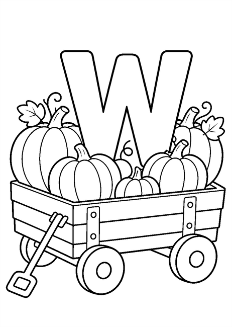 Coloriage Alphabet rigolo : wagon rempli de citrouilles autour de la lettre W à imprimer et à colorier
