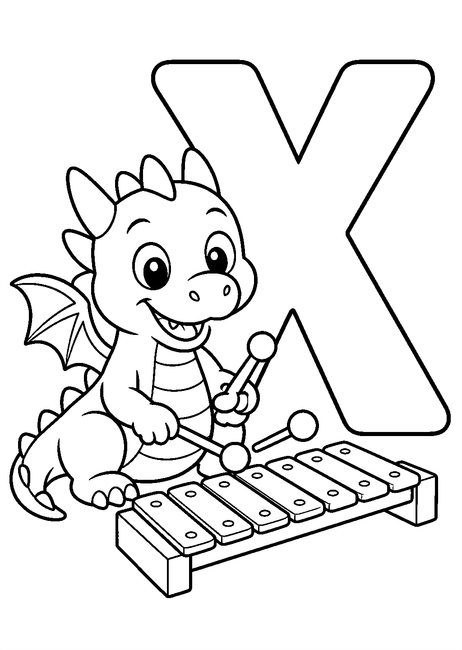 Coloriage Alphabet rigolo : xylophone joué par un petit dragon autour de la lettre X à imprimer et à colorier