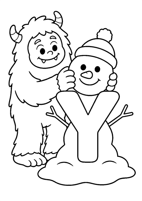 Coloriage Alphabet rigolo : yéti construisant un bonhomme de neige autour de la lettre Y à imprimer et à colorier