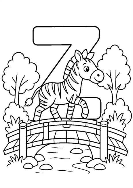 Coloriage Alphabet rigolo : zèbre traversant un pont en bois autour de la lettre Z à imprimer et à colorier