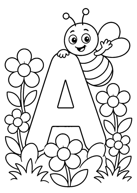 Coloriage Alphabet rigolo : abeille amusante dans un jardin fleuri autour de la lettre A à imprimer et à colorier