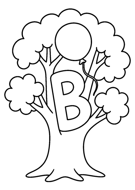 Coloriage Alphabet rigolo : ballon rond coincé dans un arbre autour de la lettre B à imprimer et à colorier
