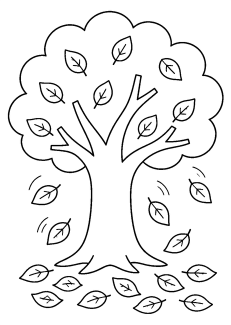 Coloriage automne : feuilles colorées tombant d'un grand arbre à imprimer et à colorier