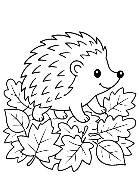Coloriage automne : hérisson traversant un tapis de feuilles à imprimer et à colorier