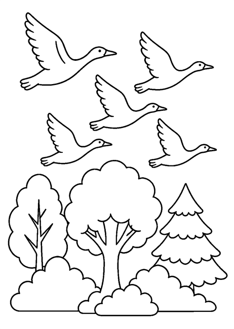 Coloriage automne : oiseaux migrateurs volant au-dessus des arbres à imprimer et à colorier