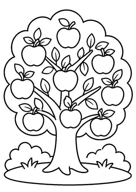 Coloriage automne : pommes rouges suspendues dans un verger à imprimer et à colorier