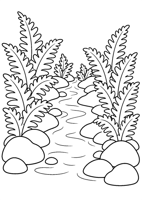 Coloriage automne : ruisseau entouré de fougères jaunissantes à imprimer et à colorier