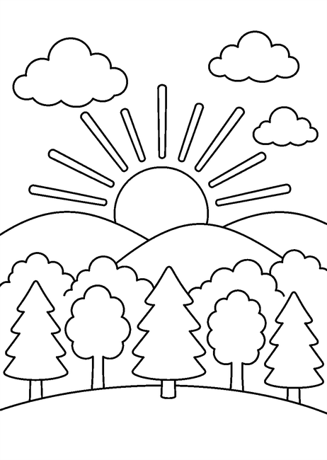 Coloriage automne : soleil levant derrière les collines boisées à imprimer et à colorier