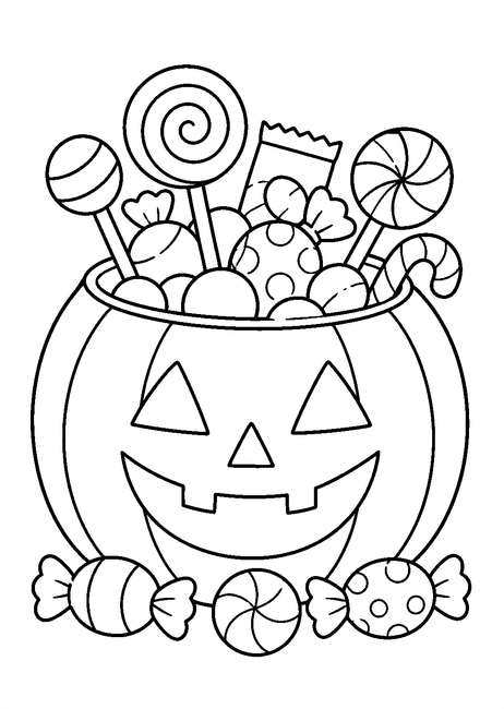 Coloriage bonbons et friandises halloween : citrouille remplie de bonbons colorés à imprimer et à colorier