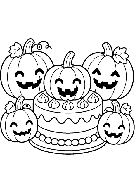 Coloriage bonbons et friandises halloween : citrouilles souriantes autour d'un gâteau à imprimer et à colorier