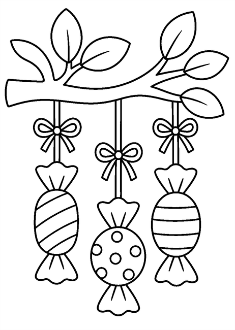 Coloriage bonbons et friandises halloween : bonbons suspendus à une branche à imprimer et à colorier