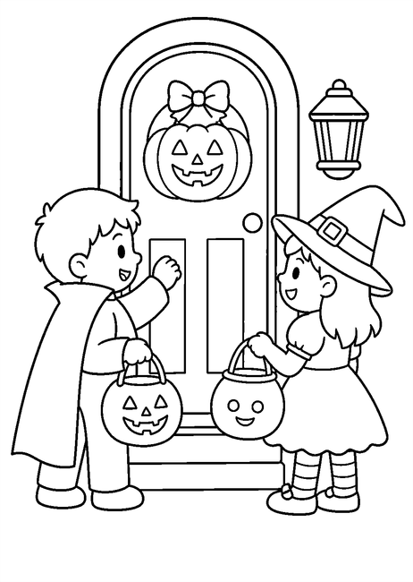 Coloriage bonbons et friandises halloween : enfants récoltant des friandises devant une porte à imprimer et à colorier