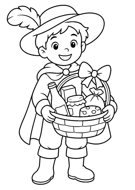 Coloriage bonbons et friandises halloween : enfant déguisé tenant un panier gourmand à imprimer et à colorier