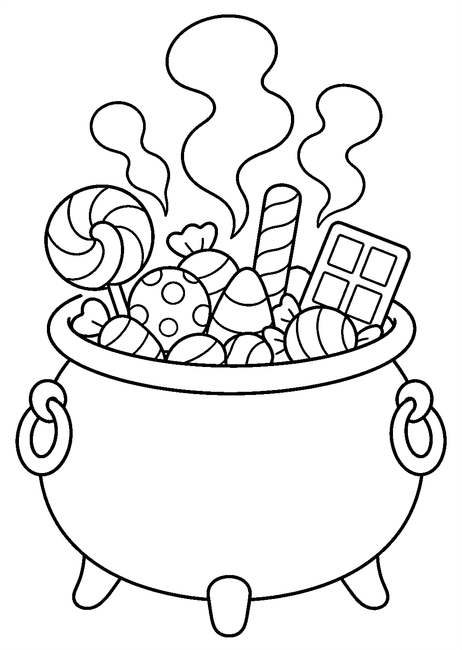 Coloriage bonbons et friandises halloween : chaudron fumant rempli de friandises à imprimer et à colorier