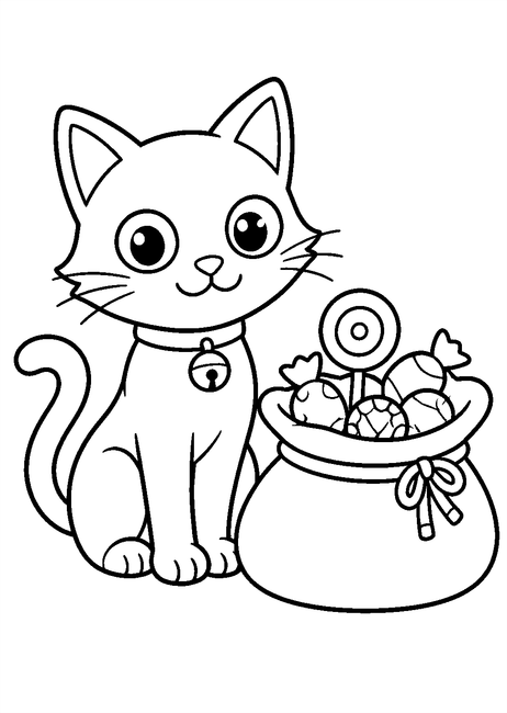Coloriage bonbons et friandises halloween : chat noir près d'un sac de bonbons à imprimer et à colorier