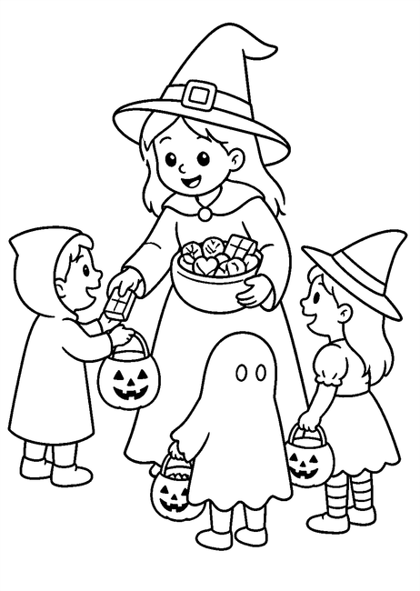 Coloriage bonbons et friandises halloween : sorcière distribuant des chocolats aux enfants à imprimer et à colorier