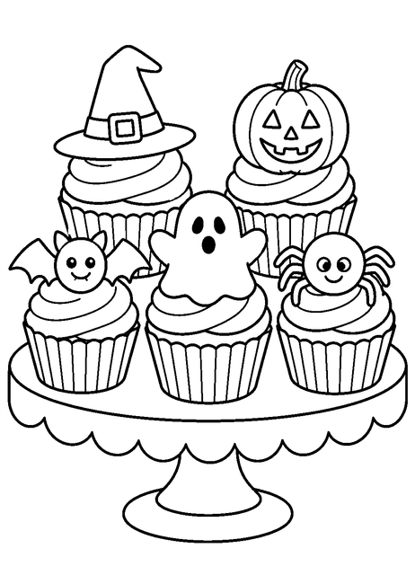 Coloriage bonbons et friandises halloween : table décorée de cupcakes d'halloween à imprimer et à colorier
