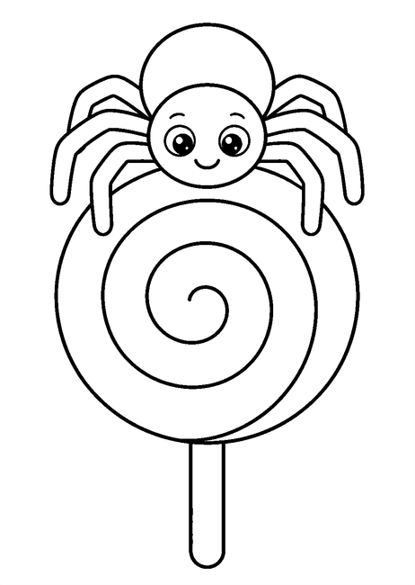 Coloriage bonbons et friandises halloween : araignée posée sur une énorme sucette à imprimer et à colorier