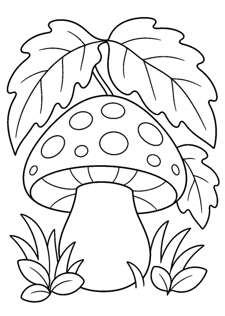 Coloriage Champignons : un grand champignon sous les feuilles à imprimer et à colorier