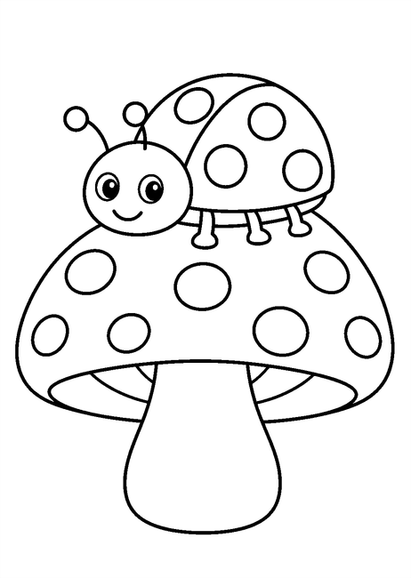 Coloriage Champignons : une coccinelle posée sur un champignon à imprimer et à colorier
