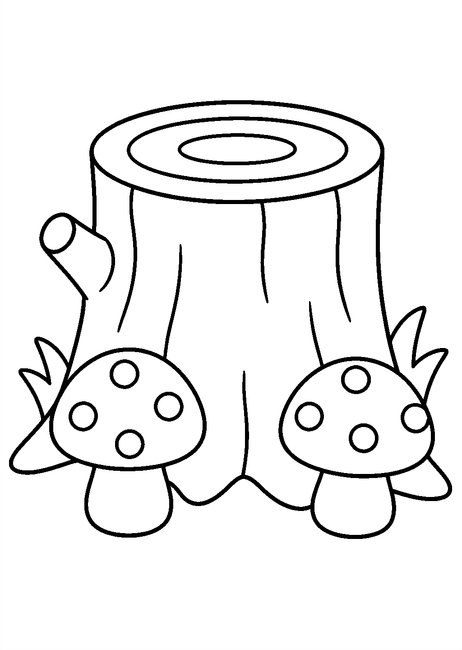 Coloriage deux champignons ronds près d'une souche à imprimer et à colorier